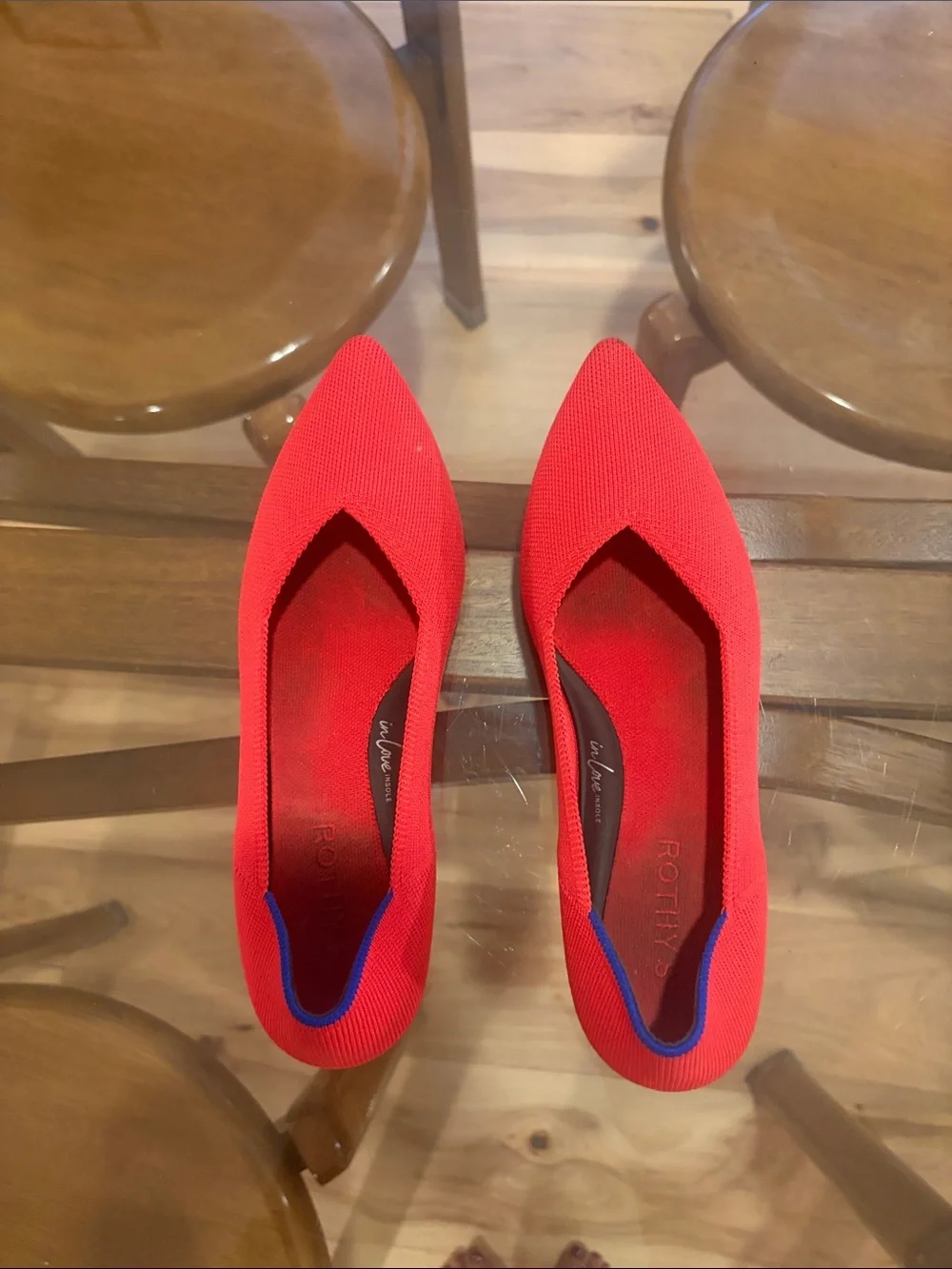 Rothy's Red Pointed Knit Flats with Blue Heel Trim